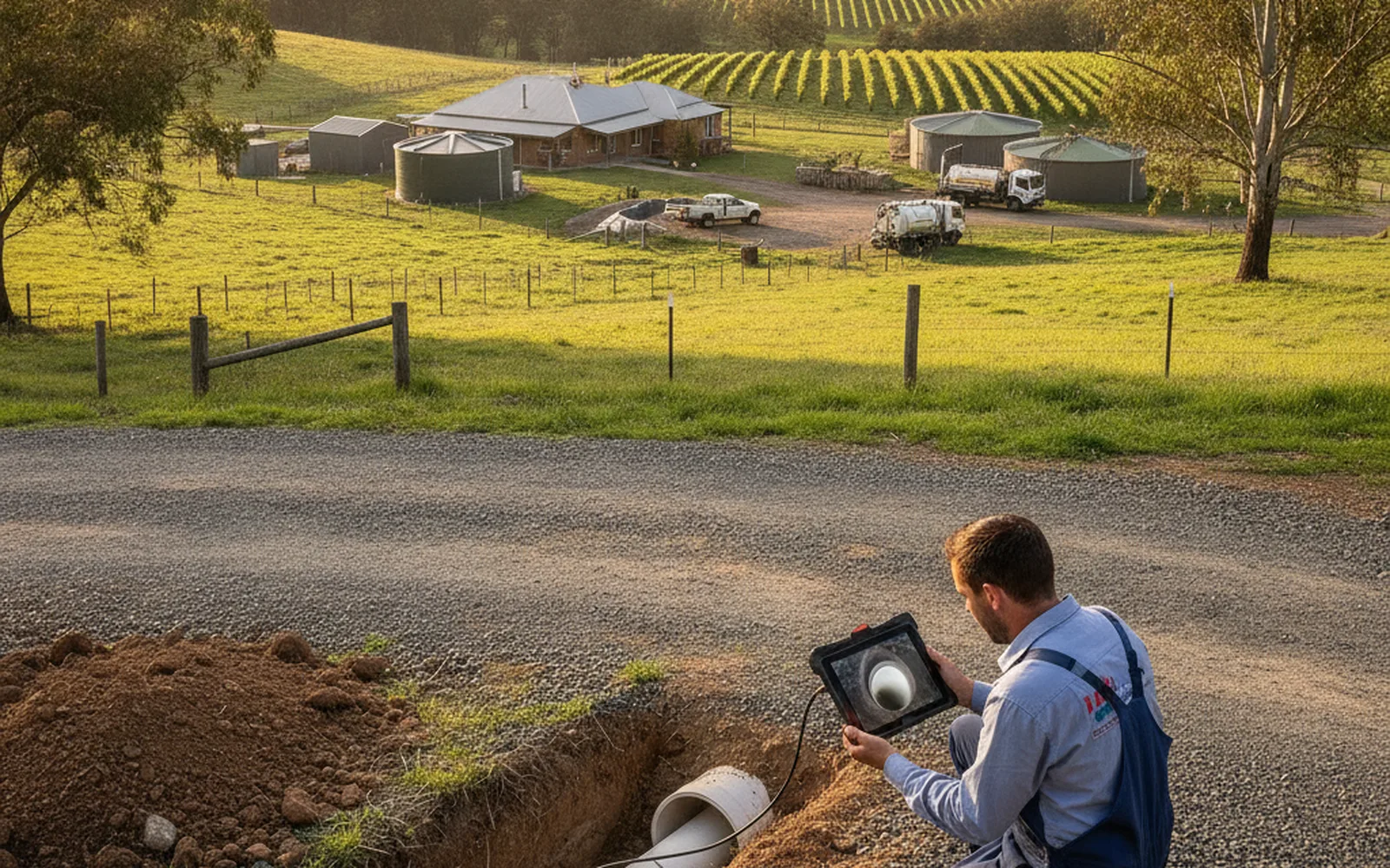 Wastewater technician inspecting diagnostic lines