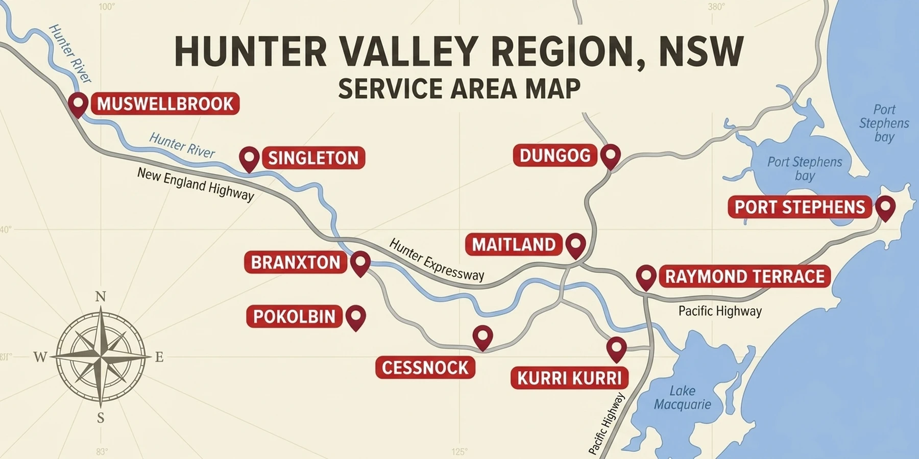 Hunter Valley NSW service area map